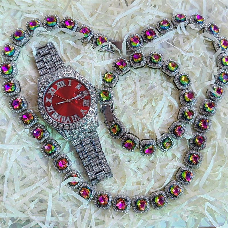 3pcs/set European American Style High-End Hip-hop Luxury Gypsophila Steel Band Diamond Men Watches Large Sugar Cube Rhinestone Tennis Necklace Bracelet Quartz Women's Ice Watch Set Unisex Jewelry Set
