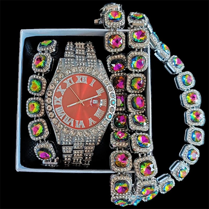3pcs/set European American Style High-End Hip-hop Luxury Gypsophila Steel Band Diamond Men Watches Large Sugar Cube Rhinestone Tennis Necklace Bracelet Quartz Women's Ice Watch Set Unisex Jewelry Set
