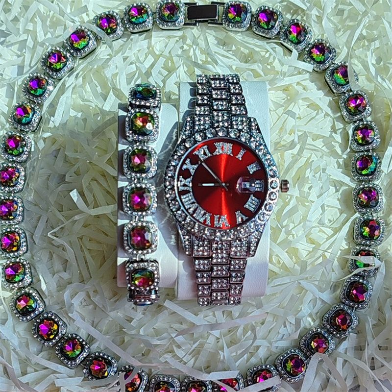 3pcs/set European American Style High-End Hip-hop Luxury Gypsophila Steel Band Diamond Men Watches Large Sugar Cube Rhinestone Tennis Necklace Bracelet Quartz Women's Ice Watch Set Unisex Jewelry Set