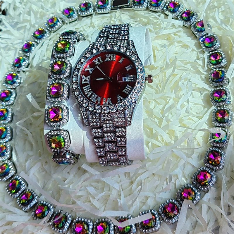 3pcs/set European American Style High-End Hip-hop Luxury Gypsophila Steel Band Diamond Men Watches Large Sugar Cube Rhinestone Tennis Necklace Bracelet Quartz Women's Ice Watch Set Unisex Jewelry Set