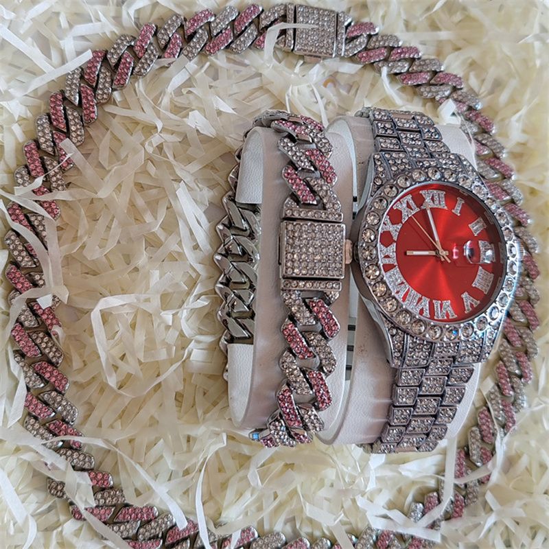 3pcs/set European American Style High-End Hip-hop Luxury Gypsophila Steel Band Diamond Men Watches Large Sugar Cube Rhinestone Tennis Necklace Bracelet Quartz Women's Ice Watch Set Unisex Jewelry Set