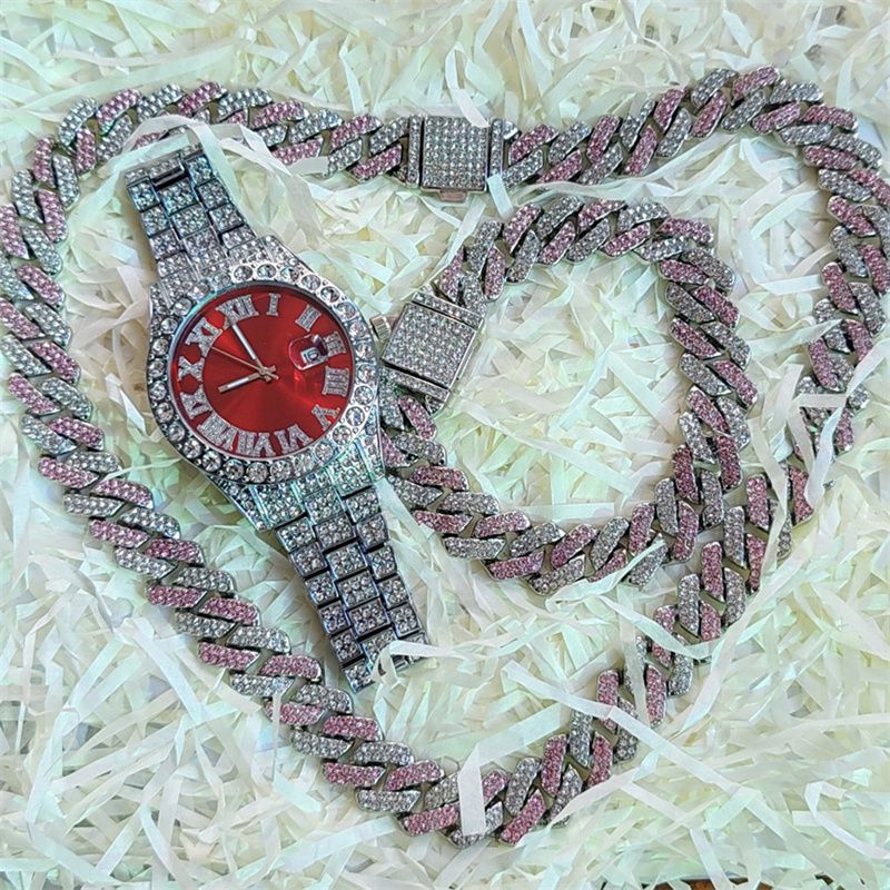 3pcs/set European American Style High-End Hip-hop Luxury Gypsophila Steel Band Diamond Men Watches Large Sugar Cube Rhinestone Tennis Necklace Bracelet Quartz Women's Ice Watch Set Unisex Jewelry Set