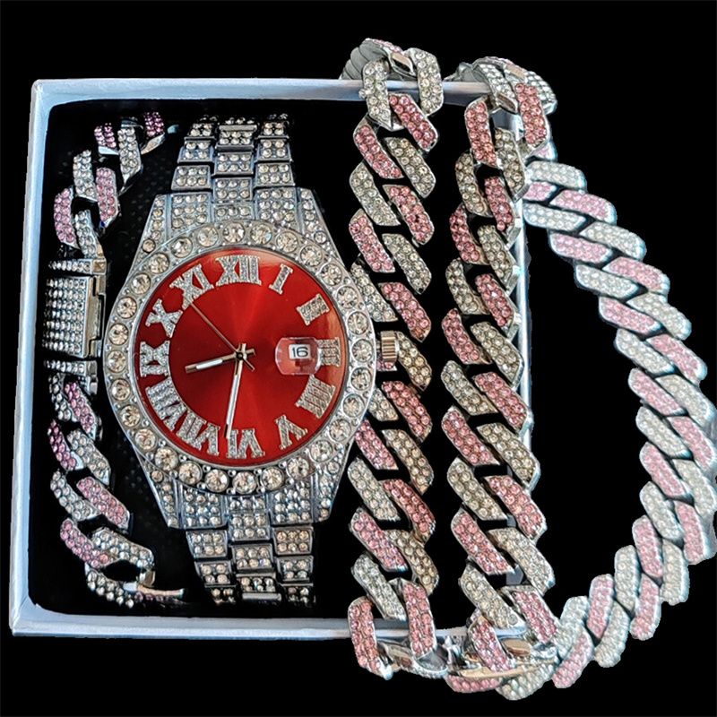 3pcs/set European American Style High-End Hip-hop Luxury Gypsophila Steel Band Diamond Men Watches Large Sugar Cube Rhinestone Tennis Necklace Bracelet Quartz Women's Ice Watch Set Unisex Jewelry Set