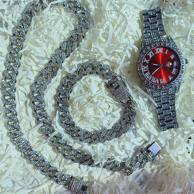 3pcs/set European American Style High-End Hip-hop Luxury Gypsophila Steel Band Diamond Men Watches Large Sugar Cube Rhinestone Tennis Necklace Bracelet Quartz Women's Ice Watch Set Unisex Jewelry Set