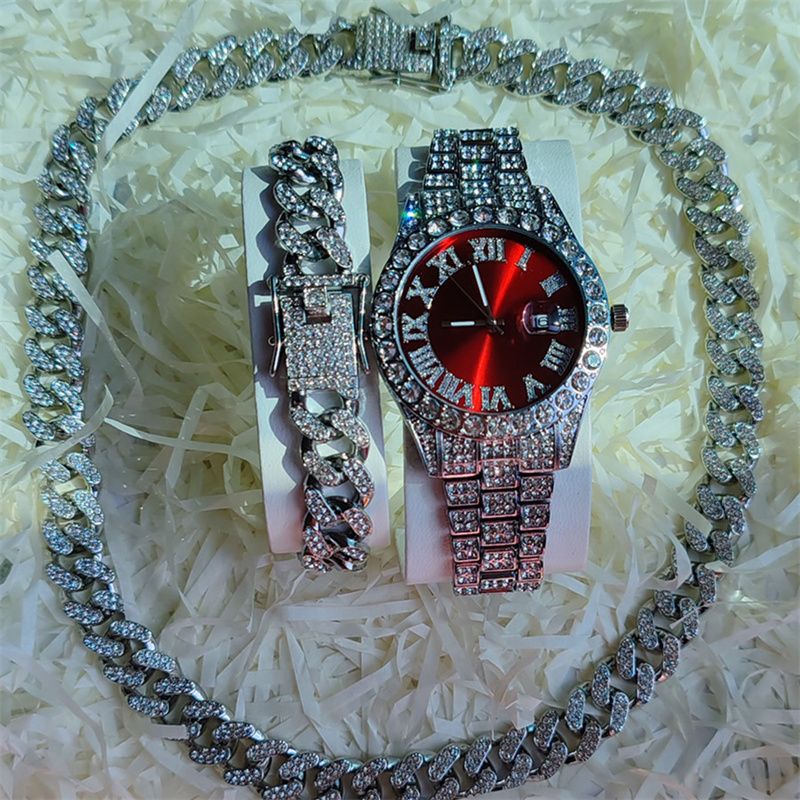 3pcs/set European American Style High-End Hip-hop Luxury Gypsophila Steel Band Diamond Men Watches Large Sugar Cube Rhinestone Tennis Necklace Bracelet Quartz Women's Ice Watch Set Unisex Jewelry Set
