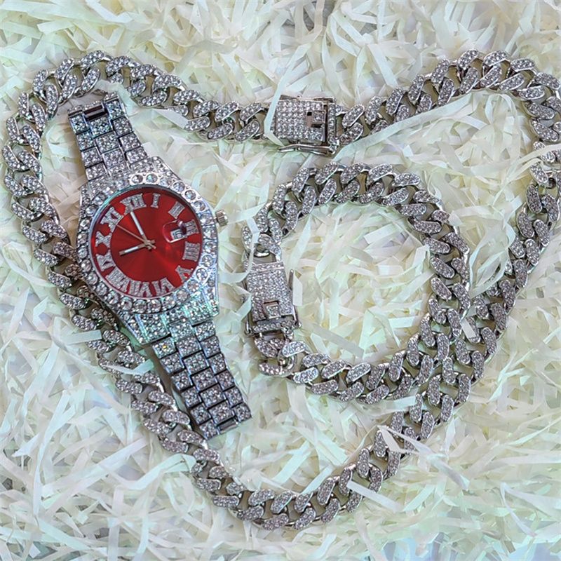 3pcs/set European American Style High-End Hip-hop Luxury Gypsophila Steel Band Diamond Men Watches Large Sugar Cube Rhinestone Tennis Necklace Bracelet Quartz Women's Ice Watch Set Unisex Jewelry Set