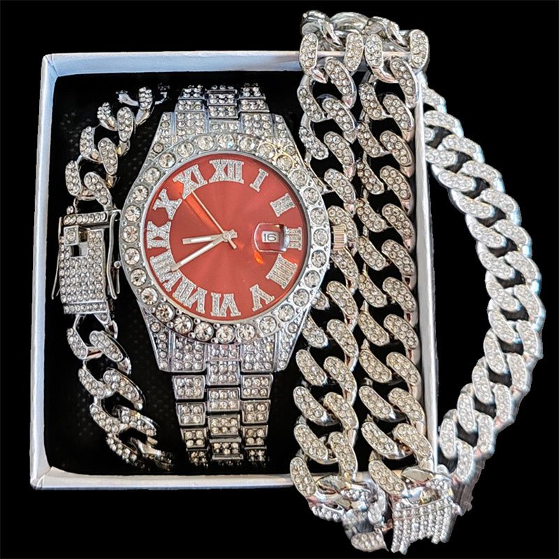 3pcs/set European American Style High-End Hip-hop Luxury Gypsophila Steel Band Diamond Men Watches Large Sugar Cube Rhinestone Tennis Necklace Bracelet Quartz Women's Ice Watch Set Unisex Jewelry Set