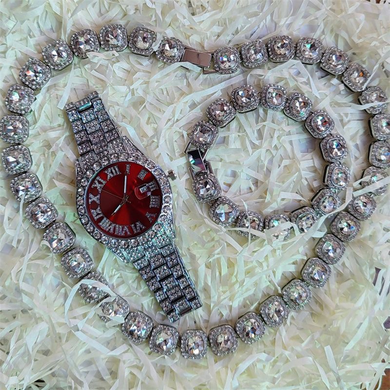 3pcs/set European American Style High-End Hip-hop Luxury Gypsophila Steel Band Diamond Men Watches Large Sugar Cube Rhinestone Tennis Necklace Bracelet Quartz Women's Ice Watch Set Unisex Jewelry Set