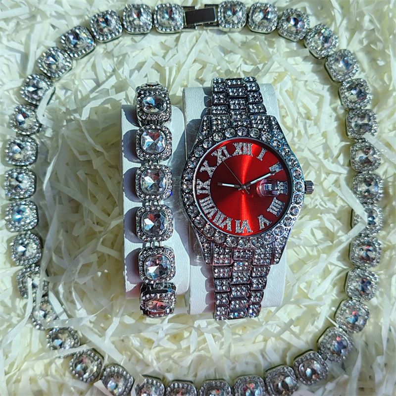 3pcs/set European American Style High-End Hip-hop Luxury Gypsophila Steel Band Diamond Men Watches Large Sugar Cube Rhinestone Tennis Necklace Bracelet Quartz Women's Ice Watch Set Unisex Jewelry Set