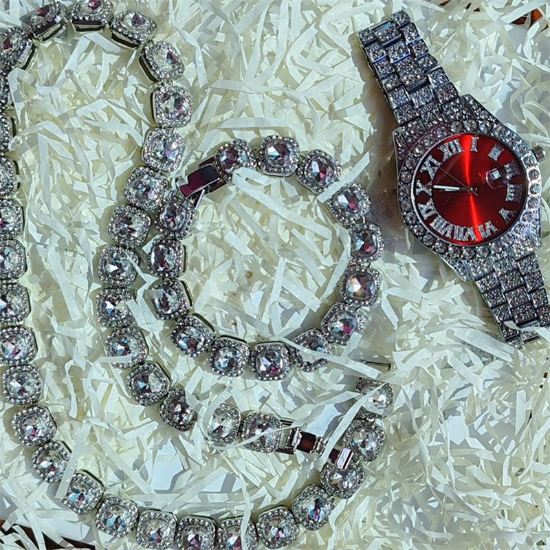 3pcs/set European American Style High-End Hip-hop Luxury Gypsophila Steel Band Diamond Men Watches Large Sugar Cube Rhinestone Tennis Necklace Bracelet Quartz Women's Ice Watch Set Unisex Jewelry Set