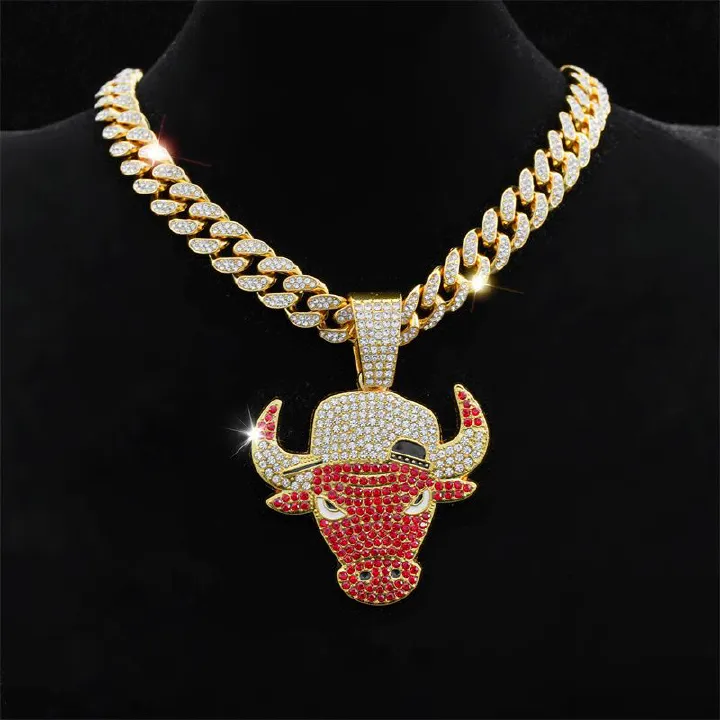 Fashion Personality Cool Red Bull Head Pendant Men's Hip Hop Full Diamond Necklace Men and Women Punk Cuban Necklace Jewelry