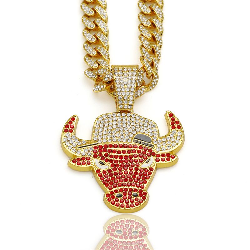 Fashion Personality Cool Red Bull Head Pendant Men's Hip Hop Full Diamond Necklace Men and Women Punk Cuban Necklace Jewelry