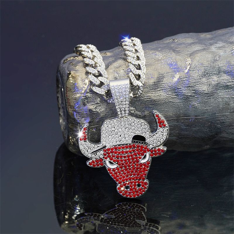 Fashion Personality Cool Red Bull Head Pendant Men's Hip Hop Full Diamond Necklace Men and Women Punk Cuban Necklace Jewelry