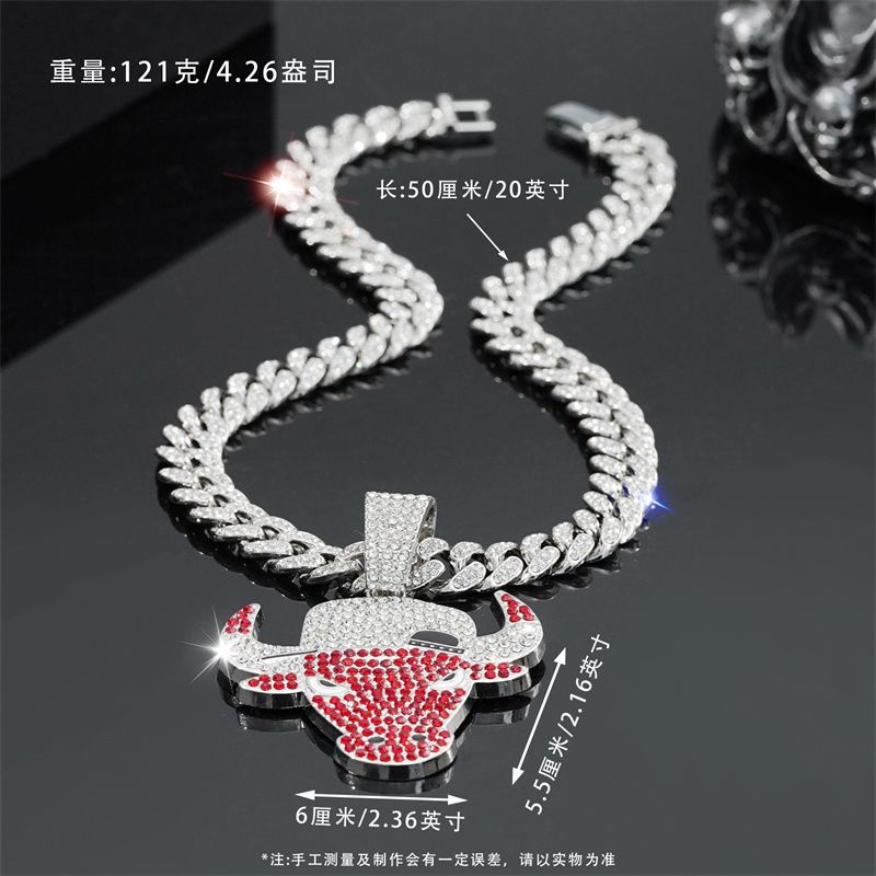 Fashion Personality Cool Red Bull Head Pendant Men's Hip Hop Full Diamond Necklace Men and Women Punk Cuban Necklace Jewelry