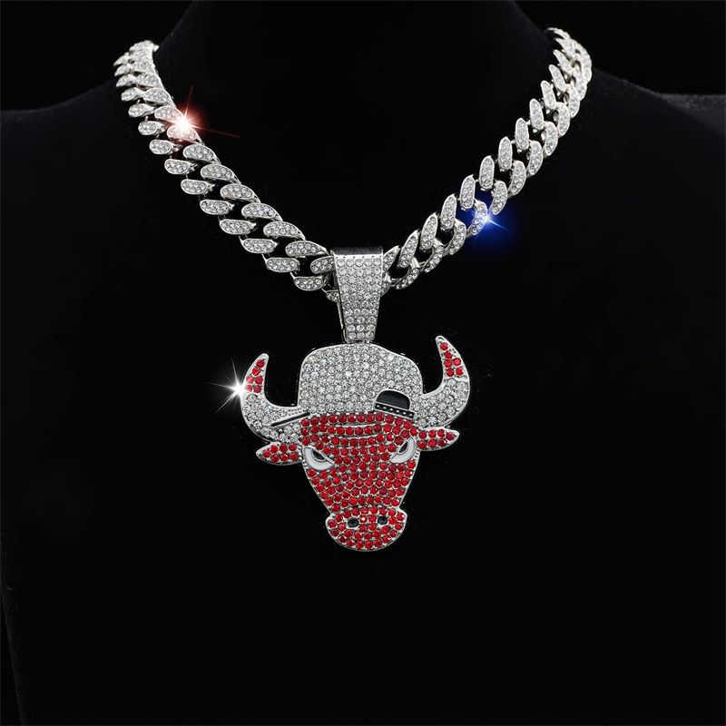 Fashion Personality Cool Red Bull Head Pendant Men's Hip Hop Full Diamond Necklace Men and Women Punk Cuban Necklace Jewelry
