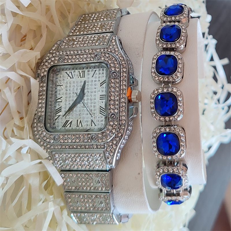 3pcs/set Hip-hop Diamond Necklace Bracelet Men's Watch Set Silver Quartz Ice Watch Male Student Steel Band Metal Calendar Cuban Chain Set Watch