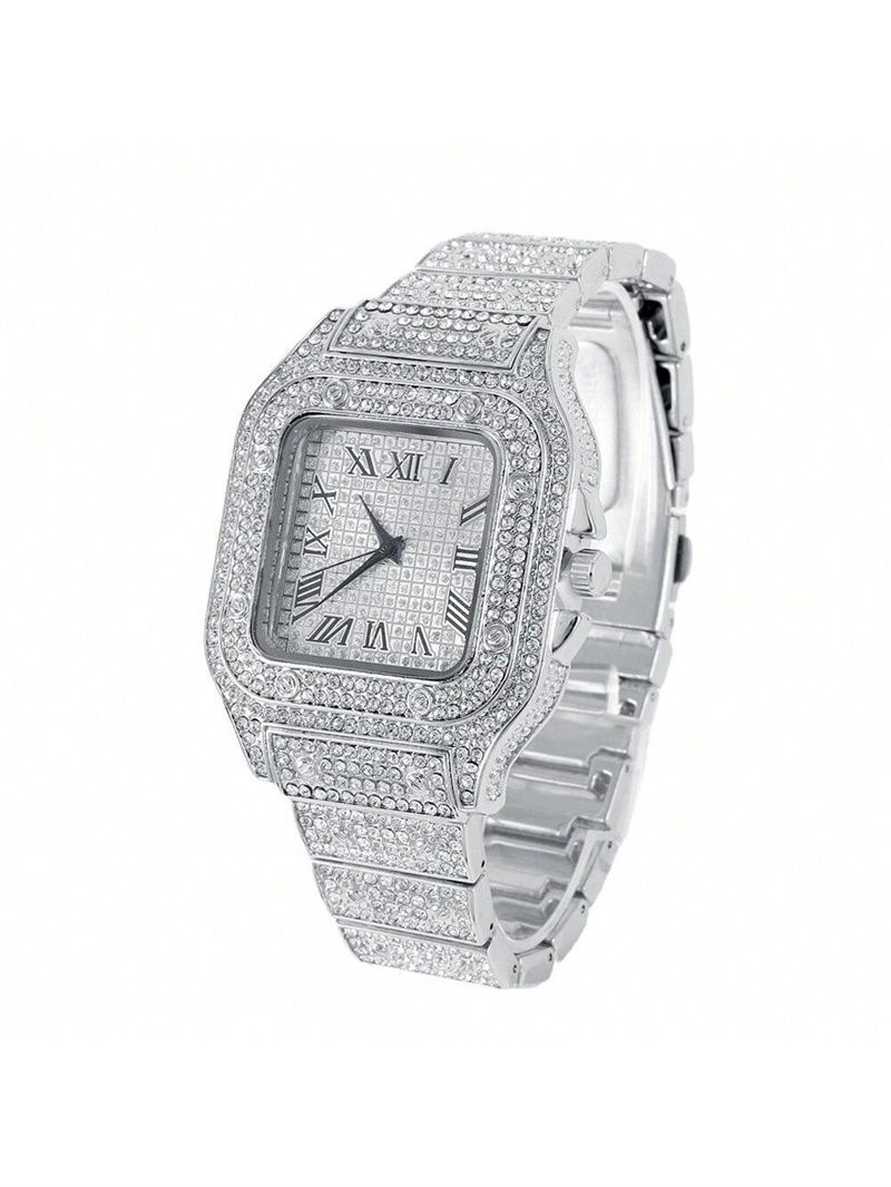 3pcs/set Hip-hop Diamond Necklace Bracelet Men's Watch Set Silver Quartz Ice Watch Male Student Steel Band Metal Calendar Cuban Chain Set Watch