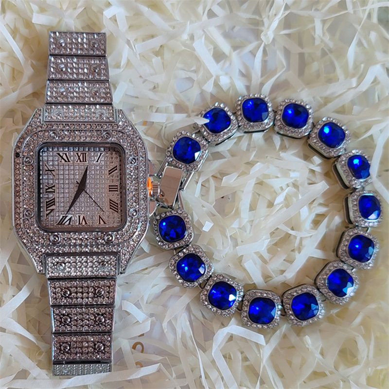 3pcs/set Hip-hop Diamond Necklace Bracelet Men's Watch Set Silver Quartz Ice Watch Male Student Steel Band Metal Calendar Cuban Chain Set Watch