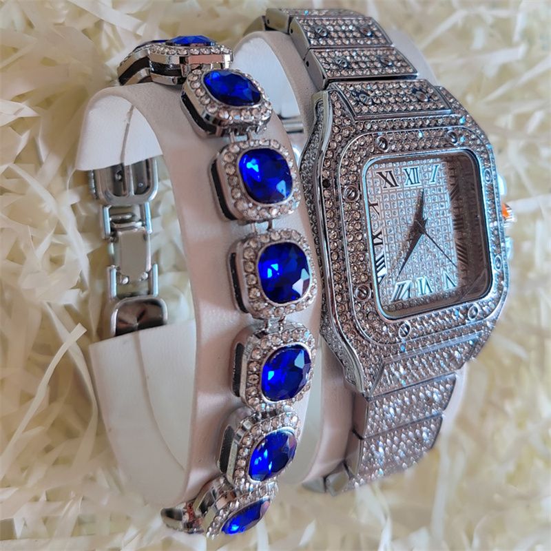 3pcs/set Hip-hop Diamond Necklace Bracelet Men's Watch Set Silver Quartz Ice Watch Male Student Steel Band Metal Calendar Cuban Chain Set Watch