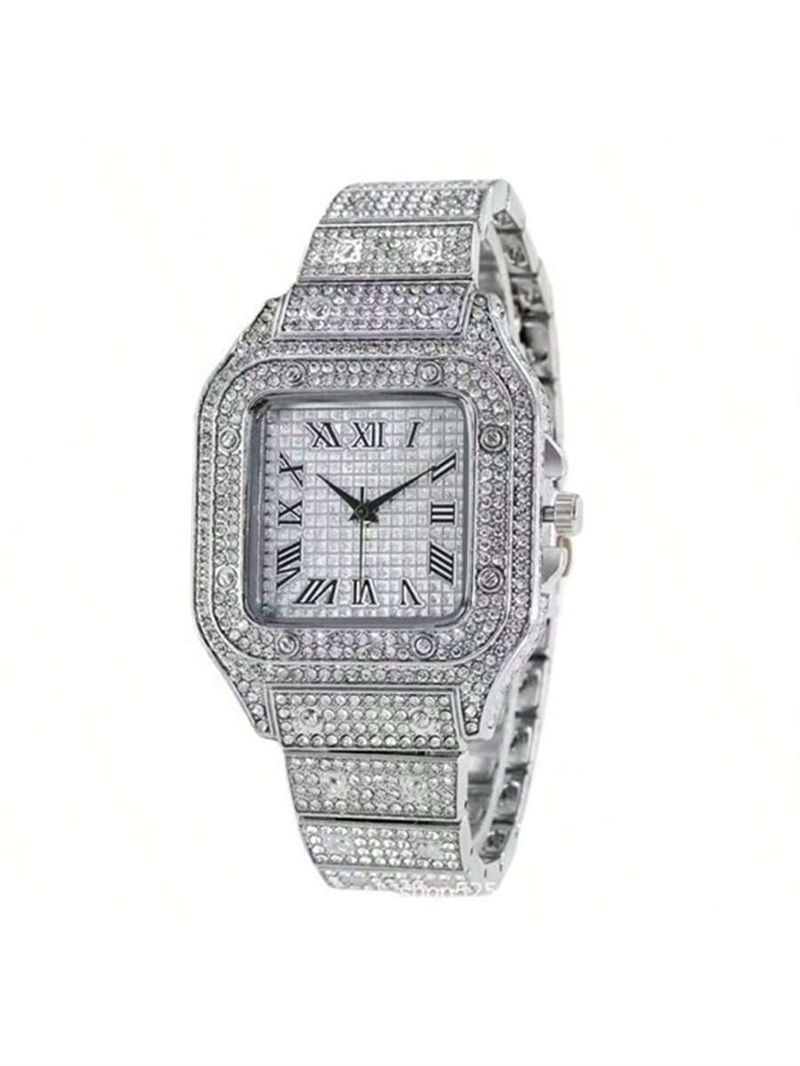 3pcs/set Hip-hop Diamond Necklace Bracelet Men's Watch Set Silver Quartz Ice Watch Male Student Steel Band Metal Calendar Cuban Chain Set Watch