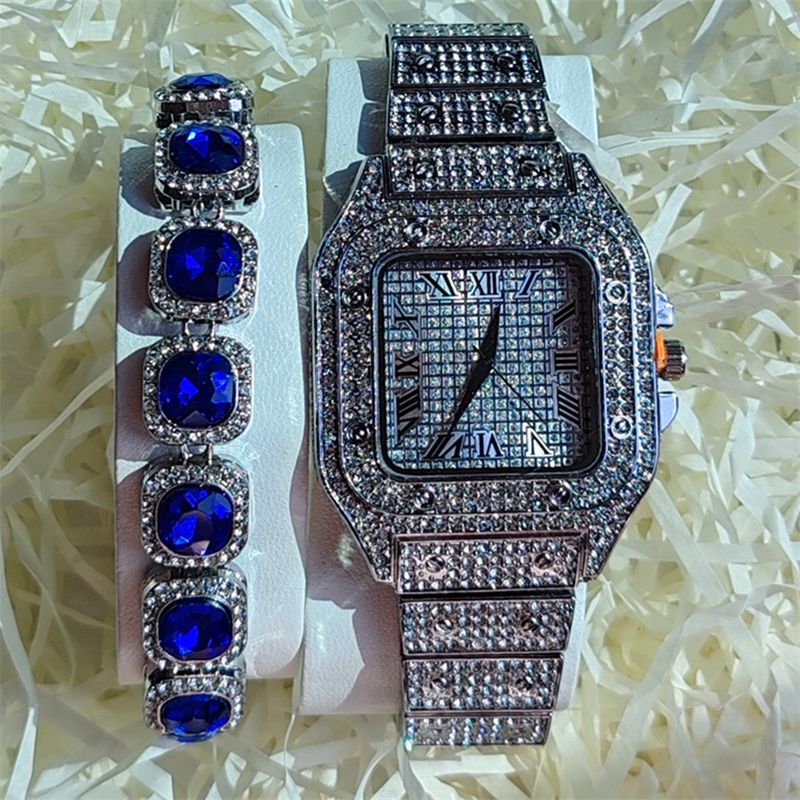 3pcs/set Hip-hop Diamond Necklace Bracelet Men's Watch Set Silver Quartz Ice Watch Male Student Steel Band Metal Calendar Cuban Chain Set Watch