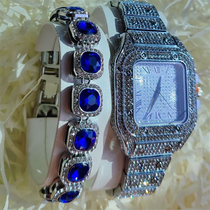 3pcs/set Hip-hop Diamond Necklace Bracelet Men's Watch Set Silver Quartz Ice Watch Male Student Steel Band Metal Calendar Cuban Chain Set Watch