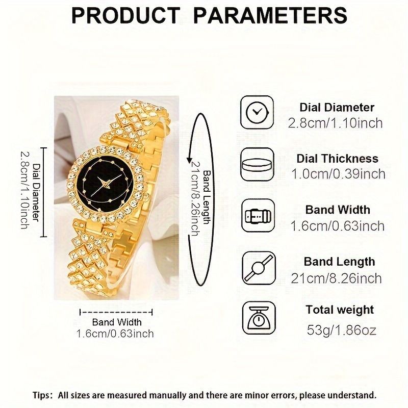 New Fashion Women's Watch Jewelry Set Luxury Full Diamond Round Quartz Lady Wrist Watch Large Crystal Gemstone Necklace Bracelet Earrings Ring Fashionable Bridal Jewellery Accessories