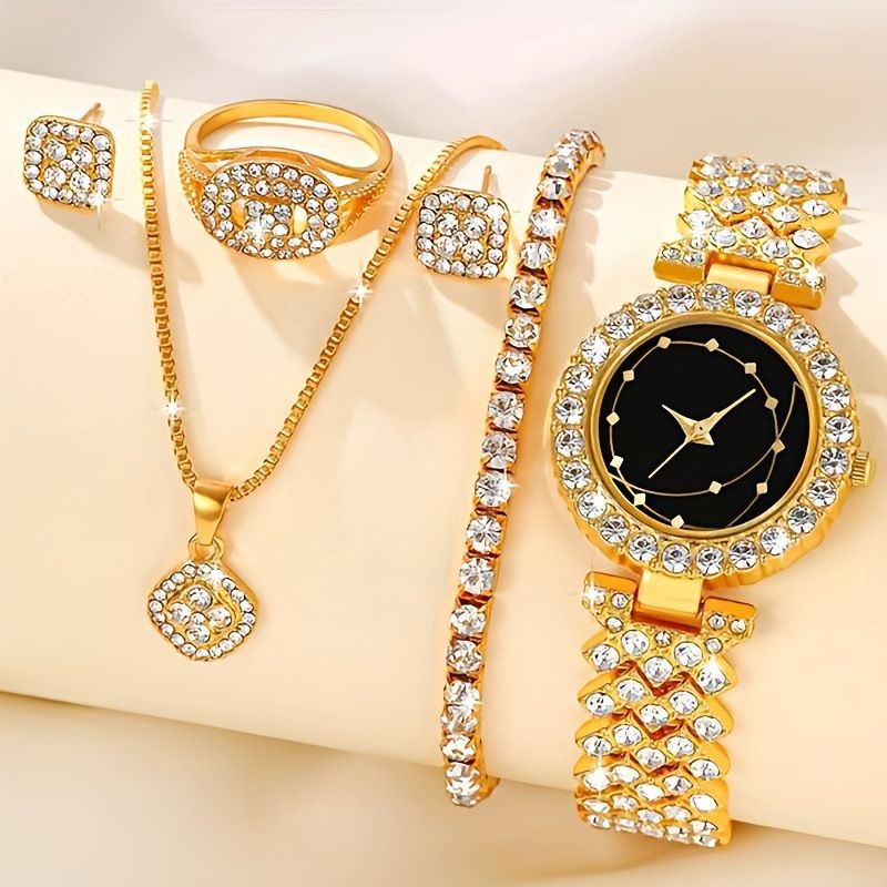 New Fashion Women's Watch Jewelry Set Luxury Full Diamond Round Quartz Lady Wrist Watch Large Crystal Gemstone Necklace Bracelet Earrings Ring Fashionable Bridal Jewellery Accessories