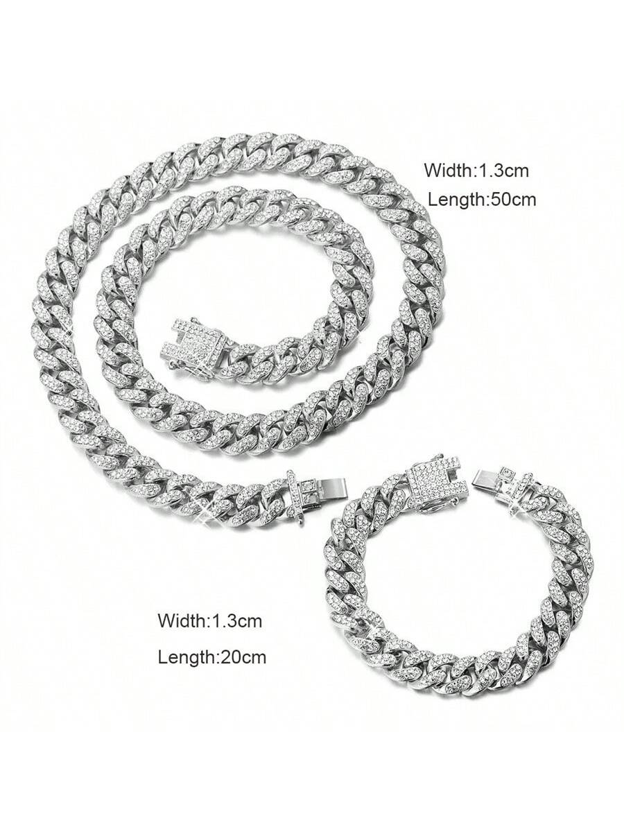 3pcs/set Hip-hop Diamond Necklace Bracelet Men's Watch Set Silver Quartz Ice Watch Male Student Steel Band Metal Calendar Cuban Chain Set Watch