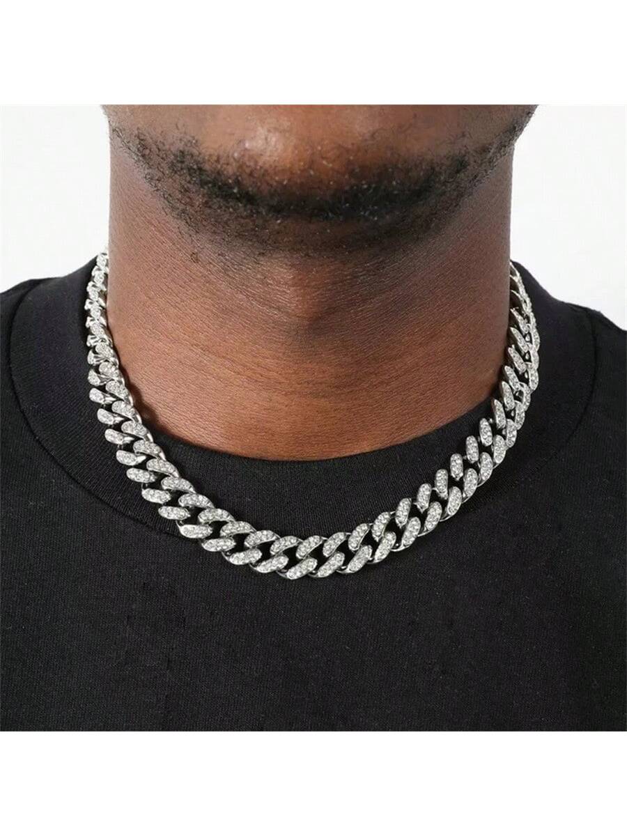 3pcs/set Hip-hop Diamond Necklace Bracelet Men's Watch Set Silver Quartz Ice Watch Male Student Steel Band Metal Calendar Cuban Chain Set Watch