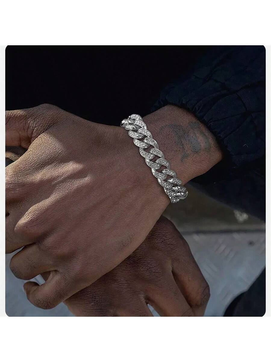 3pcs/set Hip-hop Diamond Necklace Bracelet Men's Watch Set Silver Quartz Ice Watch Male Student Steel Band Metal Calendar Cuban Chain Set Watch