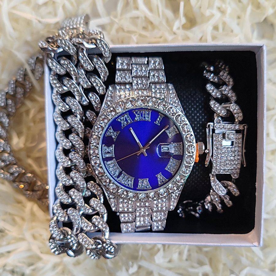3pcs/set Hip-hop Diamond Necklace Bracelet Men's Watch Set Silver Quartz Ice Watch Male Student Steel Band Metal Calendar Cuban Chain Set Watch