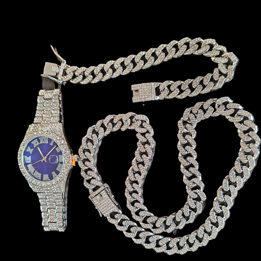 3pcs/set Hip-hop Diamond Necklace Bracelet Men's Watch Set Silver Quartz Ice Watch Male Student Steel Band Metal Calendar Cuban Chain Set Watch