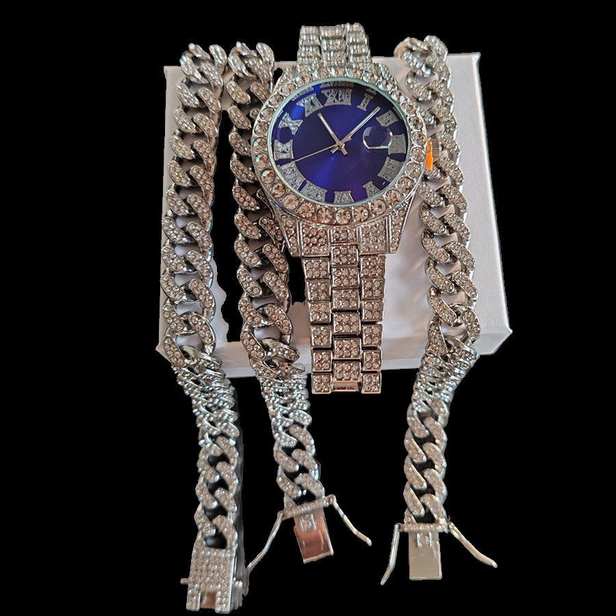 3pcs/set Hip-hop Diamond Necklace Bracelet Men's Watch Set Silver Quartz Ice Watch Male Student Steel Band Metal Calendar Cuban Chain Set Watch
