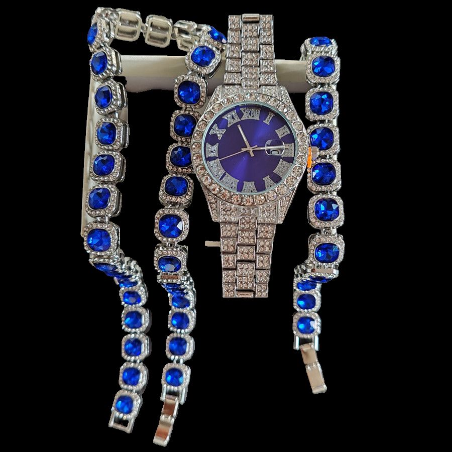 3pcs/set  Hip-hop Diamond Necklace Bracelet Men's Watch Set Gold Quartz Ice Watches Male Student Steel Band Metal Calendar Cuban Chain Set Watch