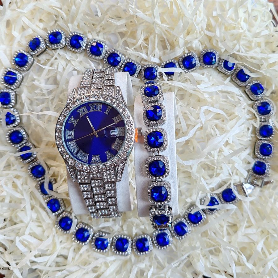 3pcs/set  Hip-hop Diamond Necklace Bracelet Men's Watch Set Gold Quartz Ice Watches Male Student Steel Band Metal Calendar Cuban Chain Set Watch