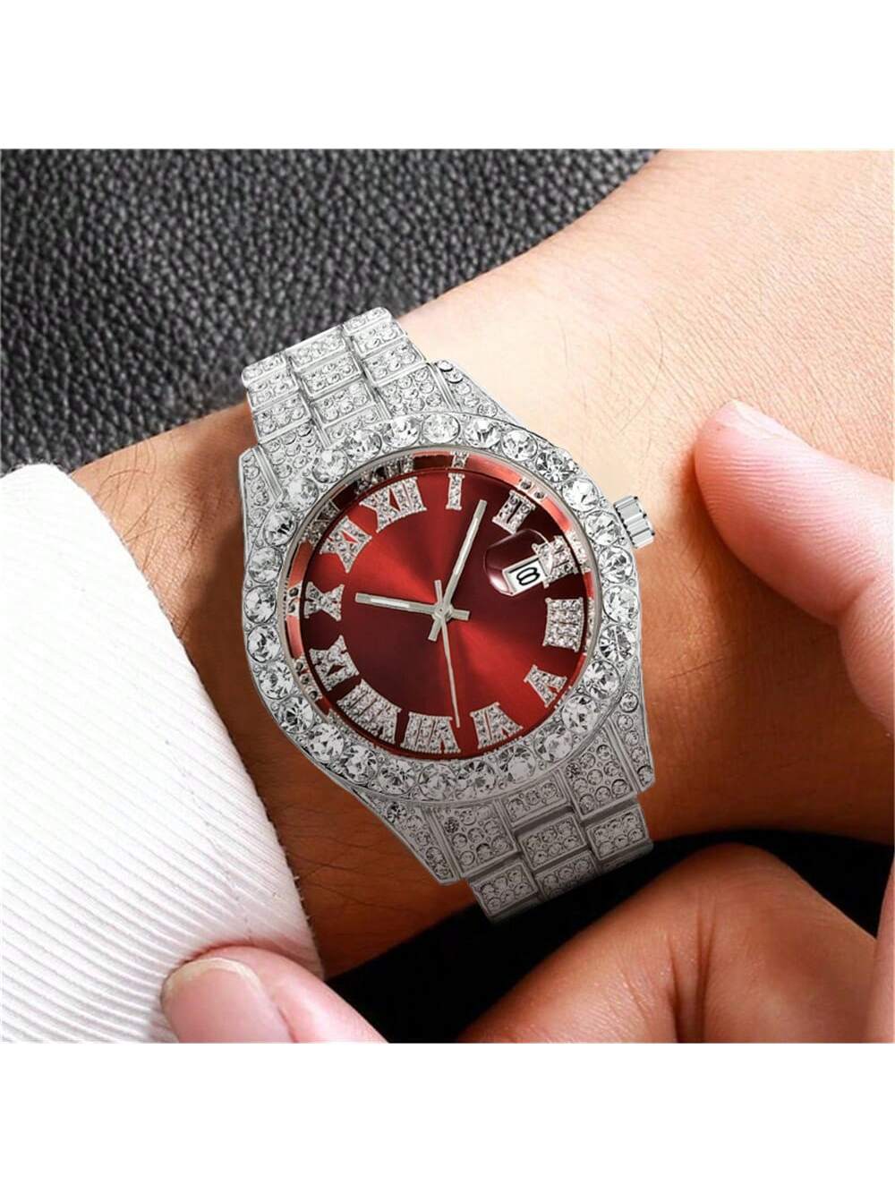 3pcs/set Hip-hop Diamond Necklace Bracelet Men's Watch Set Silver Quartz Ice Watch Male Student Steel Band Metal Calendar Cuban Chain Set Watch
