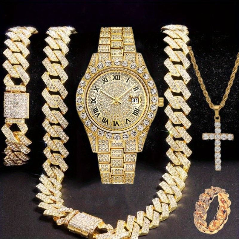 3pcs/set  Hip-hop Diamond Necklace Bracelet Men's Watch Set Gold Quartz Ice Watches Male Student Steel Band Metal Calendar Cuban Chain Set Watch