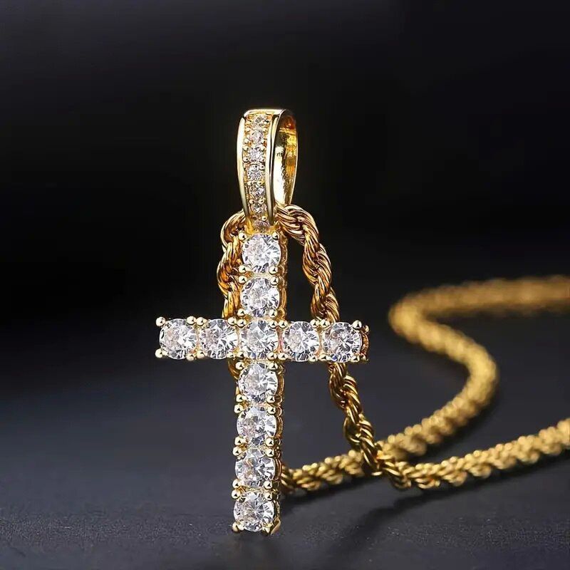 3pcs/set  Hip-hop Diamond Necklace Bracelet Men's Watch Set Gold Quartz Ice Watches Male Student Steel Band Metal Calendar Cuban Chain Set Watch