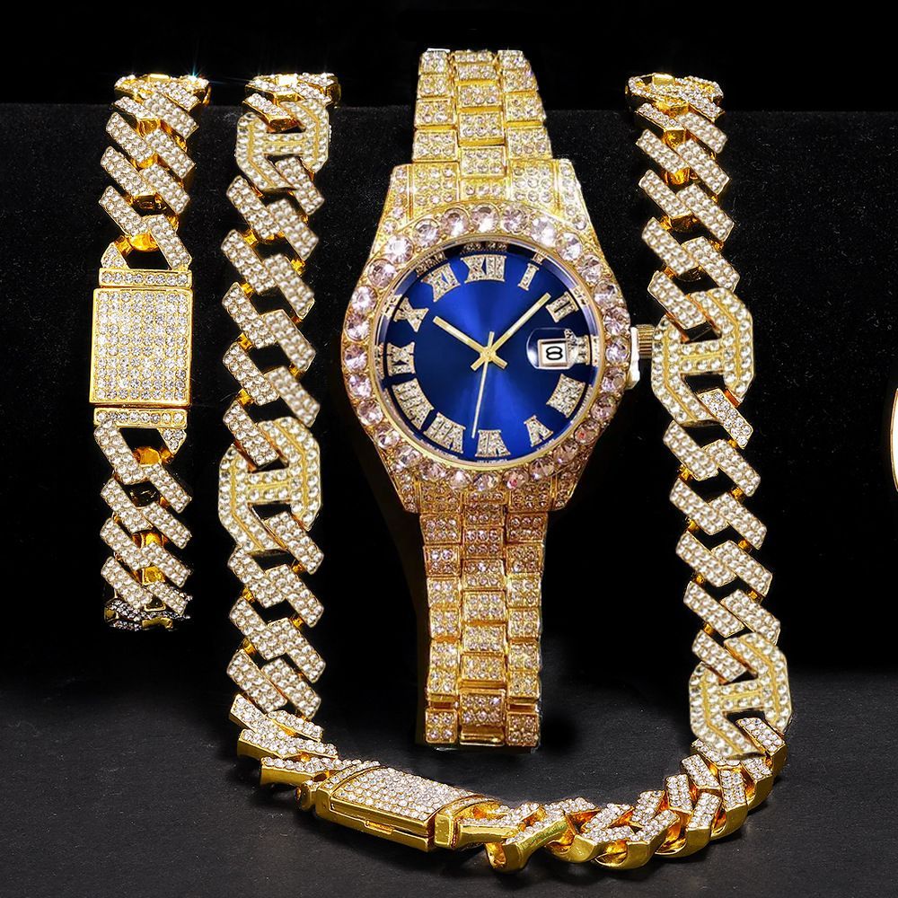 3pcs/set  Hip-hop Diamond Necklace Bracelet Men's Watch Set Gold Quartz Ice Watches Male Student Steel Band Metal Calendar Cuban Chain Set Watch