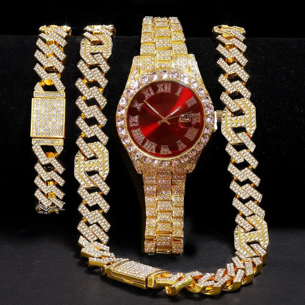 3pcs/set  Hip-hop Diamond Necklace Bracelet Men's Watch Set Gold Quartz Ice Watches Male Student Steel Band Metal Calendar Cuban Chain Set Watch