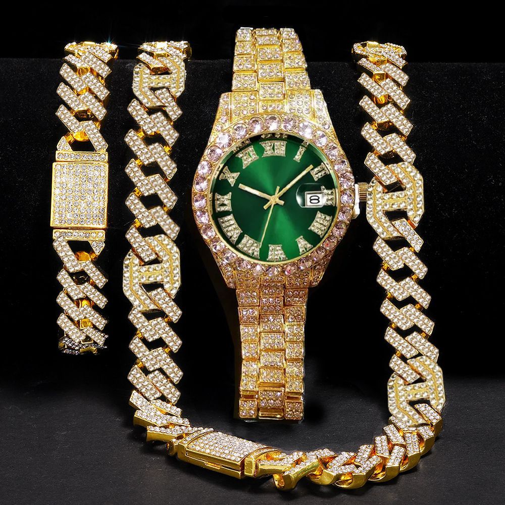 3pcs/set  Hip-hop Diamond Necklace Bracelet Men's Watch Set Gold Quartz Ice Watches Male Student Steel Band Metal Calendar Cuban Chain Set Watch