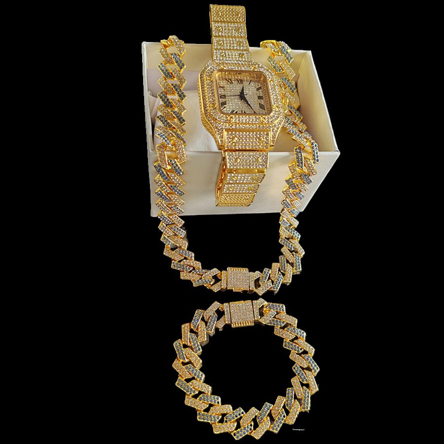 3pcs/set Luxury Gold Hip-hop Men's Ice Watch Jewelry Set Diamond Quartz Watches Bracelet Necklace European and American Rapper Fashion Accessories
