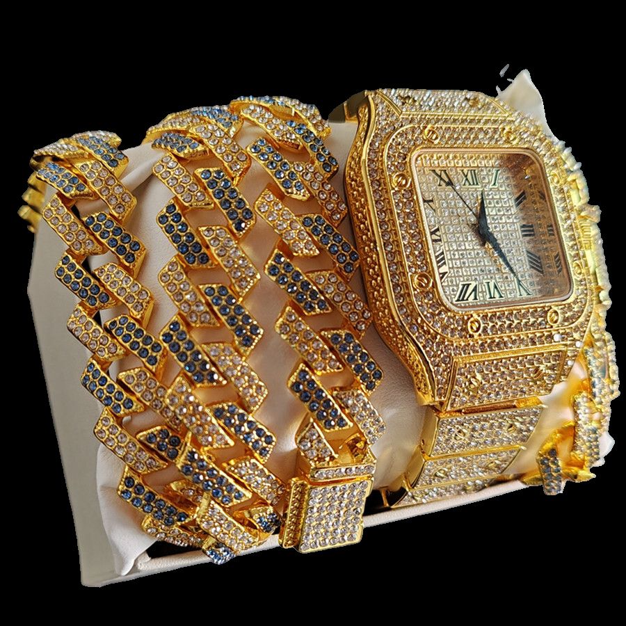 3pcs/set Luxury Gold Hip-hop Men's Ice Watch Jewelry Set Diamond Quartz Watches Bracelet Necklace European and American Rapper Fashion Accessories