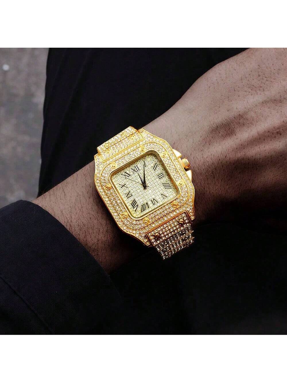 3pcs/set Luxury Gold Hip-hop Men's Ice Watch Jewelry Set Diamond Quartz Watches Bracelet Necklace European and American Rapper Fashion Accessories