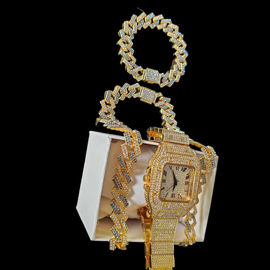 3pcs/set Luxury Gold Hip-hop Men's Ice Watch Jewelry Set Diamond Quartz Watches Bracelet Necklace European and American Rapper Fashion Accessories