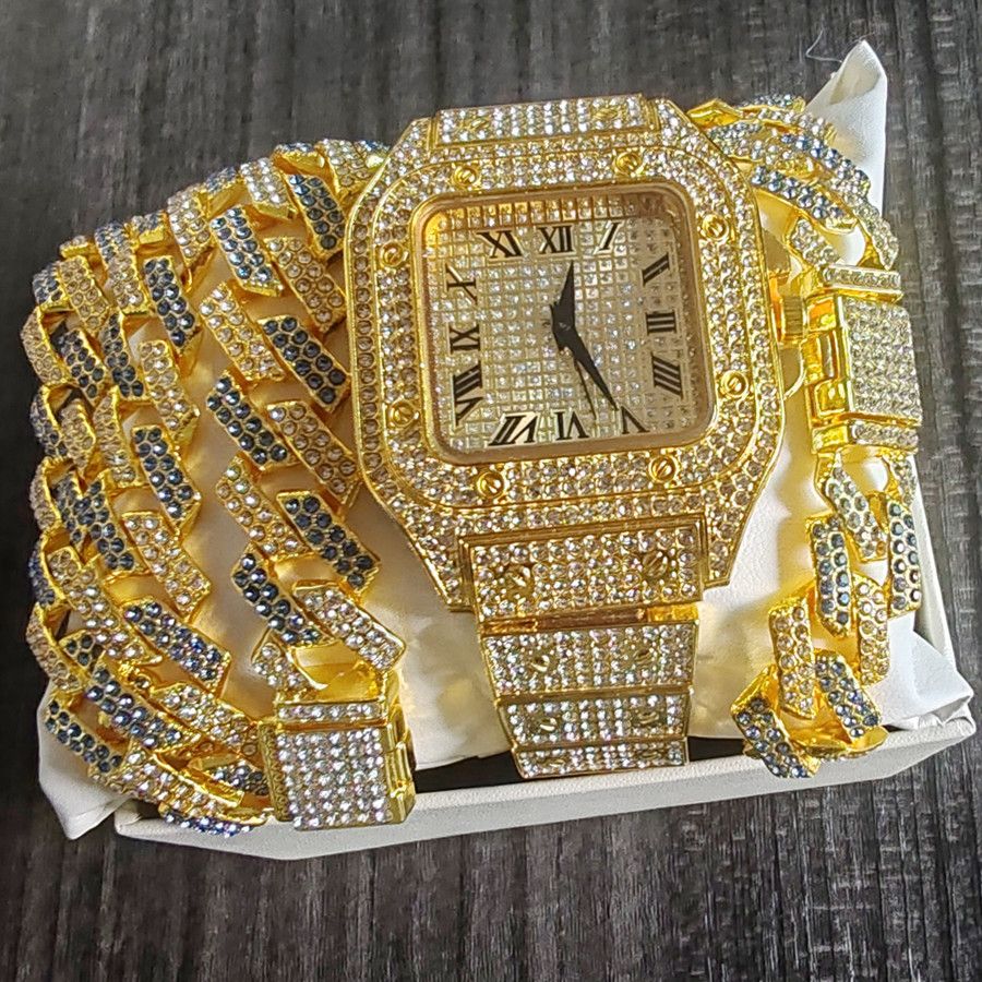 3pcs/set Luxury Gold Hip-hop Men's Ice Watch Jewelry Set Diamond Quartz Watches Bracelet Necklace European and American Rapper Fashion Accessories