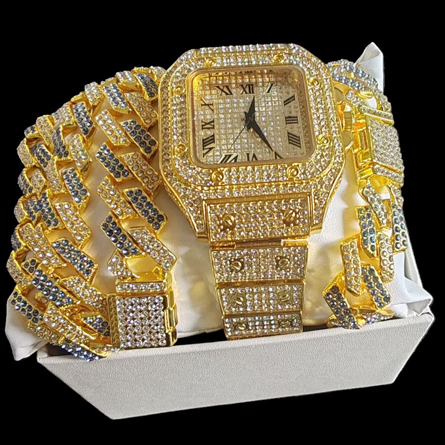 3pcs/set Luxury Gold Hip-hop Men's Ice Watch Jewelry Set Diamond Quartz Watches Bracelet Necklace European and American Rapper Fashion Accessories