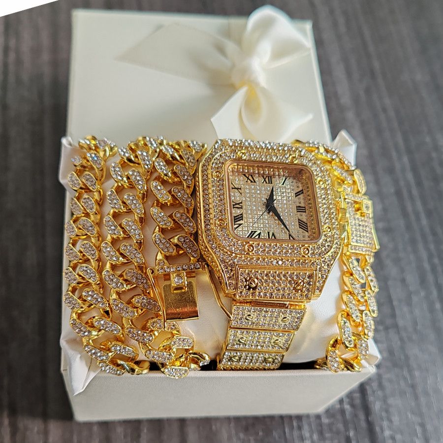 3pcs/set Luxury Gold Hip-hop Men's Ice Watch Jewelry Set Diamond Quartz Watches Bracelet Necklace European and American Rapper Fashion Accessories