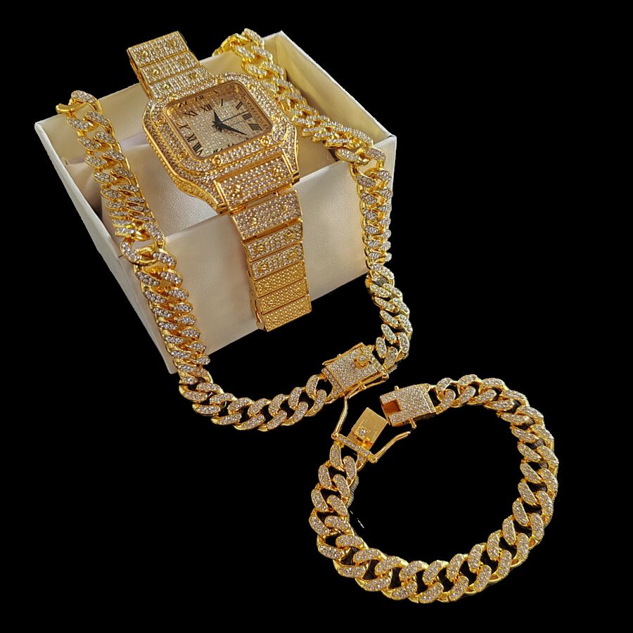 3pcs/set Luxury Gold Hip-hop Men's Ice Watch Jewelry Set Diamond Quartz Watches Bracelet Necklace European and American Rapper Fashion Accessories